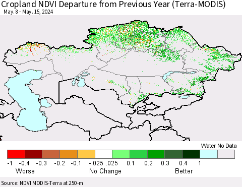 Kazakhstan Cropland NDVI Departure from Previous Year (Terra-MODIS) Thematic Map For 5/8/2024 - 5/15/2024