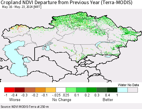 Kazakhstan Cropland NDVI Departure from Previous Year (Terra-MODIS) Thematic Map For 5/16/2024 - 5/23/2024