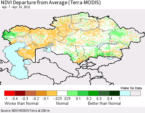 Kazakhstan NDVI Departure from Average (Terra-MODIS) Thematic Map For 4/7/2022 - 4/14/2022