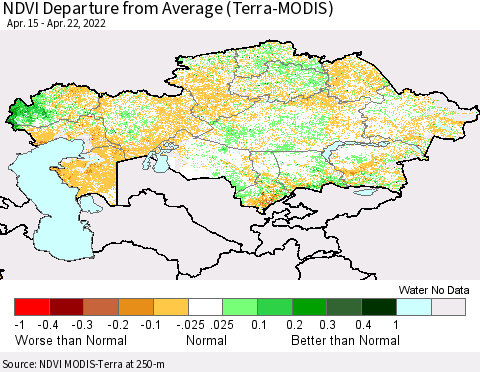 Kazakhstan NDVI Departure from Average (Terra-MODIS) Thematic Map For 4/15/2022 - 4/22/2022