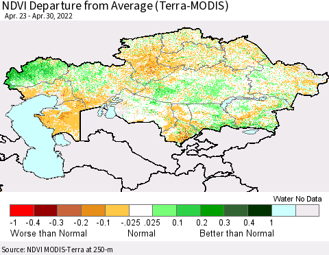 Kazakhstan NDVI Departure from Average (Terra-MODIS) Thematic Map For 4/23/2022 - 4/30/2022