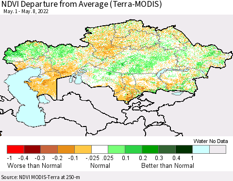 Kazakhstan NDVI Departure from Average (Terra-MODIS) Thematic Map For 5/1/2022 - 5/8/2022