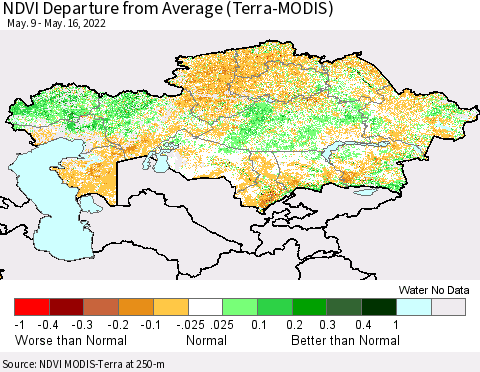 Kazakhstan NDVI Departure from Average (Terra-MODIS) Thematic Map For 5/9/2022 - 5/16/2022