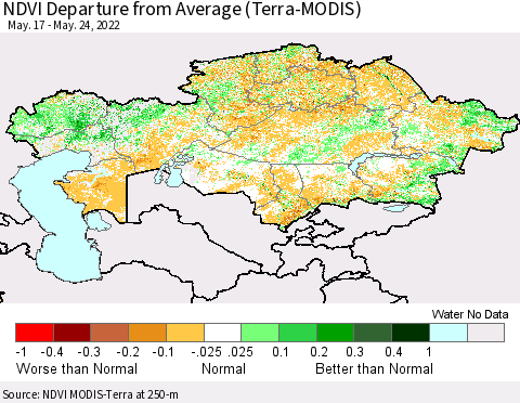 Kazakhstan NDVI Departure from Average (Terra-MODIS) Thematic Map For 5/17/2022 - 5/24/2022