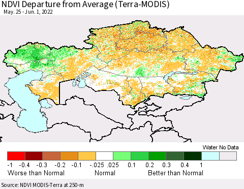 Kazakhstan NDVI Departure from Average (Terra-MODIS) Thematic Map For 5/25/2022 - 6/1/2022