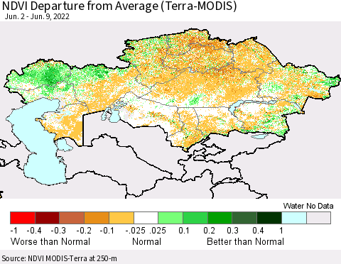 Kazakhstan NDVI Departure from Average (Terra-MODIS) Thematic Map For 6/2/2022 - 6/9/2022