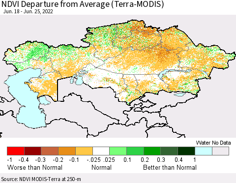 Kazakhstan NDVI Departure from Average (Terra-MODIS) Thematic Map For 6/18/2022 - 6/25/2022
