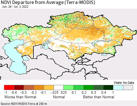 Kazakhstan NDVI Departure from Average (Terra-MODIS) Thematic Map For 6/26/2022 - 7/3/2022