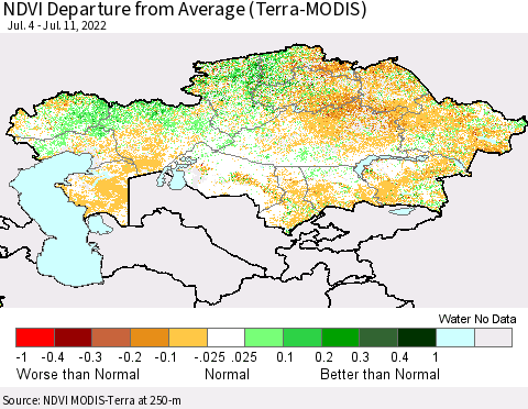 Kazakhstan NDVI Departure from Average (Terra-MODIS) Thematic Map For 7/4/2022 - 7/11/2022