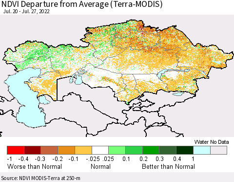 Kazakhstan NDVI Departure from Average (Terra-MODIS) Thematic Map For 7/20/2022 - 7/27/2022