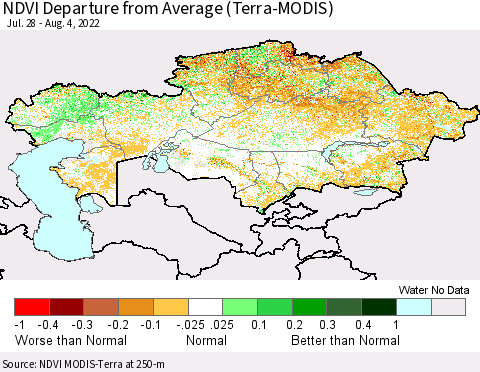 Kazakhstan NDVI Departure from Average (Terra-MODIS) Thematic Map For 7/28/2022 - 8/4/2022