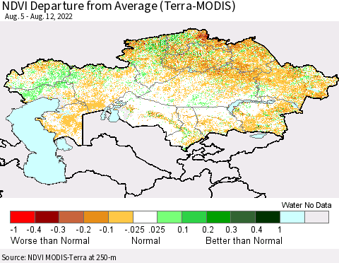 Kazakhstan NDVI Departure from Average (Terra-MODIS) Thematic Map For 8/5/2022 - 8/12/2022