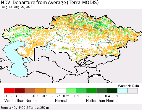 Kazakhstan NDVI Departure from Average (Terra-MODIS) Thematic Map For 8/13/2022 - 8/20/2022
