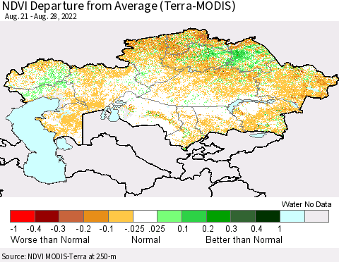 Kazakhstan NDVI Departure from Average (Terra-MODIS) Thematic Map For 8/21/2022 - 8/28/2022