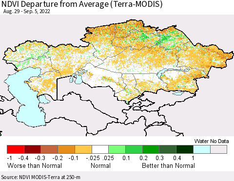 Kazakhstan NDVI Departure from Average (Terra-MODIS) Thematic Map For 8/29/2022 - 9/5/2022