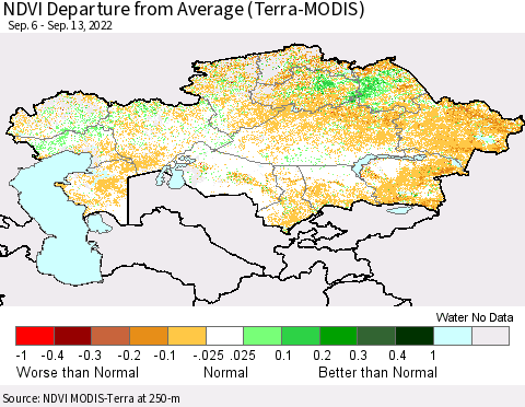 Kazakhstan NDVI Departure from Average (Terra-MODIS) Thematic Map For 9/6/2022 - 9/13/2022