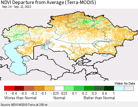Kazakhstan NDVI Departure from Average (Terra-MODIS) Thematic Map For 9/14/2022 - 9/21/2022
