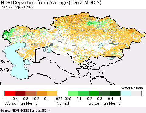 Kazakhstan NDVI Departure from Average (Terra-MODIS) Thematic Map For 9/22/2022 - 9/29/2022