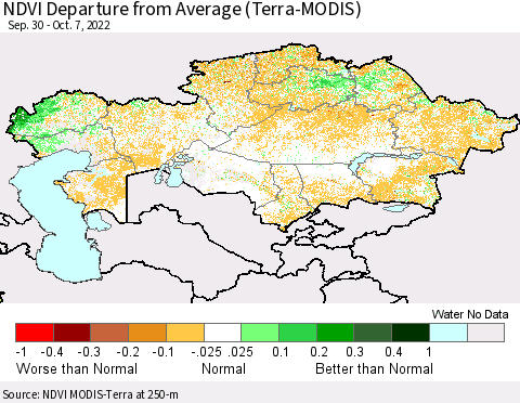 Kazakhstan NDVI Departure from Average (Terra-MODIS) Thematic Map For 9/30/2022 - 10/7/2022