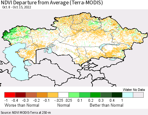 Kazakhstan NDVI Departure from Average (Terra-MODIS) Thematic Map For 10/8/2022 - 10/15/2022