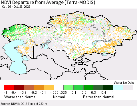 Kazakhstan NDVI Departure from Average (Terra-MODIS) Thematic Map For 10/16/2022 - 10/23/2022