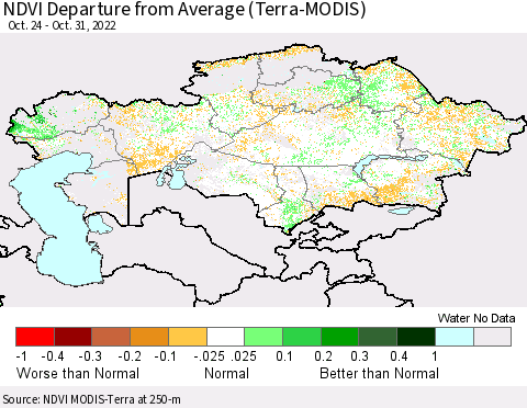 Kazakhstan NDVI Departure from Average (Terra-MODIS) Thematic Map For 10/24/2022 - 10/31/2022
