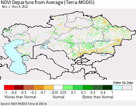 Kazakhstan NDVI Departure from Average (Terra-MODIS) Thematic Map For 11/1/2022 - 11/8/2022