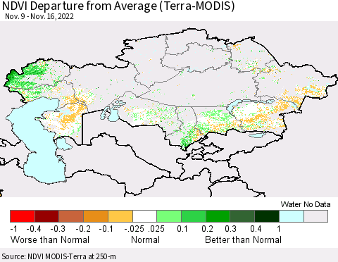 Kazakhstan NDVI Departure from Average (Terra-MODIS) Thematic Map For 11/9/2022 - 11/16/2022