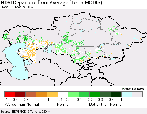 Kazakhstan NDVI Departure from Average (Terra-MODIS) Thematic Map For 11/17/2022 - 11/24/2022