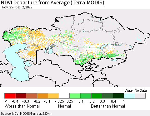 Kazakhstan NDVI Departure from Average (Terra-MODIS) Thematic Map For 11/25/2022 - 12/2/2022