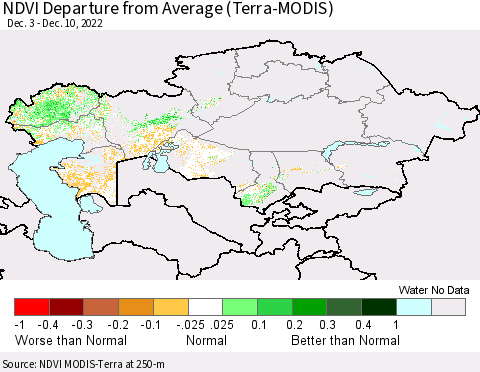 Kazakhstan NDVI Departure from Average (Terra-MODIS) Thematic Map For 12/3/2022 - 12/10/2022