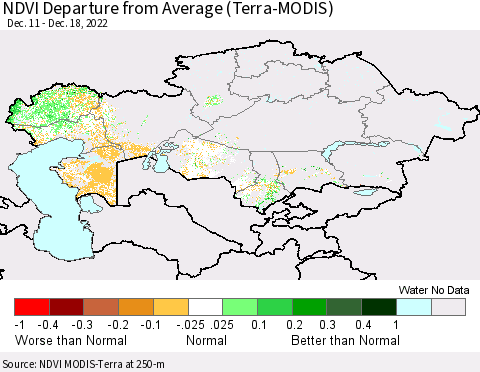 Kazakhstan NDVI Departure from Average (Terra-MODIS) Thematic Map For 12/11/2022 - 12/18/2022