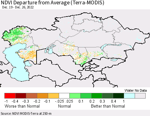 Kazakhstan NDVI Departure from Average (Terra-MODIS) Thematic Map For 12/19/2022 - 12/26/2022
