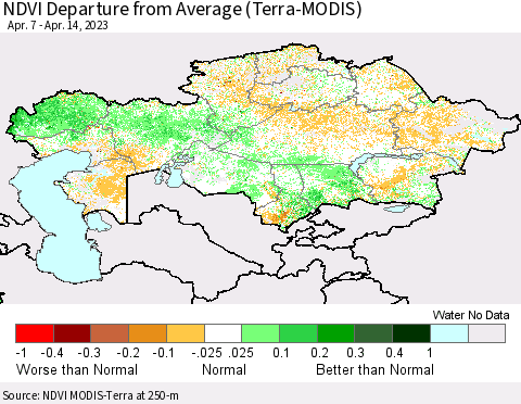 Kazakhstan NDVI Departure from Average (Terra-MODIS) Thematic Map For 4/7/2023 - 4/14/2023