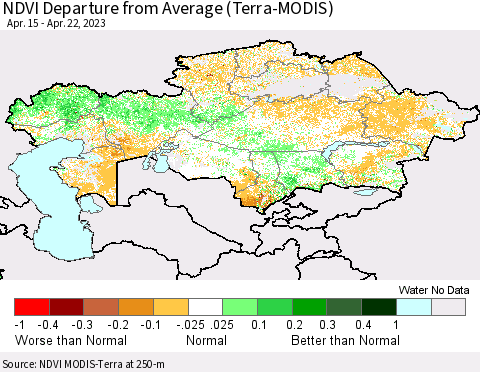 Kazakhstan NDVI Departure from Average (Terra-MODIS) Thematic Map For 4/15/2023 - 4/22/2023