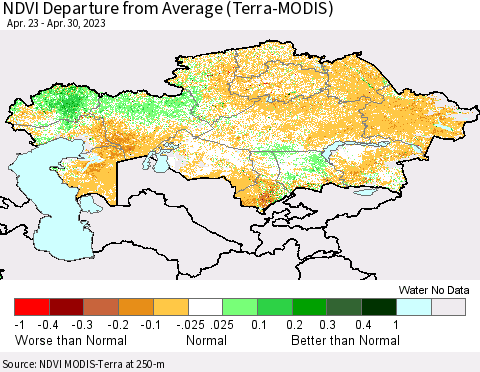 Kazakhstan NDVI Departure from Average (Terra-MODIS) Thematic Map For 4/23/2023 - 4/30/2023