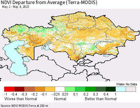 Kazakhstan NDVI Departure from Average (Terra-MODIS) Thematic Map For 5/1/2023 - 5/8/2023