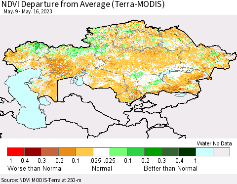 Kazakhstan NDVI Departure from Average (Terra-MODIS) Thematic Map For 5/9/2023 - 5/16/2023