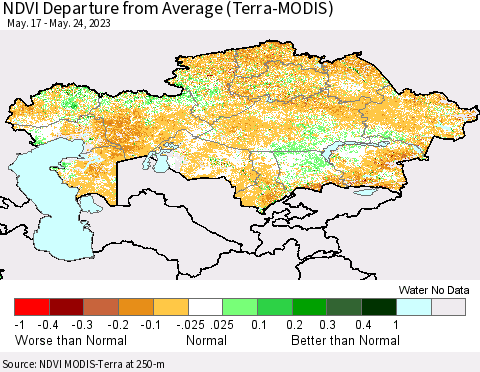 Kazakhstan NDVI Departure from Average (Terra-MODIS) Thematic Map For 5/17/2023 - 5/24/2023