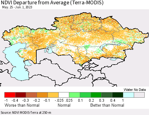 Kazakhstan NDVI Departure from Average (Terra-MODIS) Thematic Map For 5/25/2023 - 6/1/2023