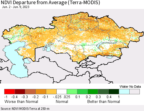 Kazakhstan NDVI Departure from Average (Terra-MODIS) Thematic Map For 6/2/2023 - 6/9/2023