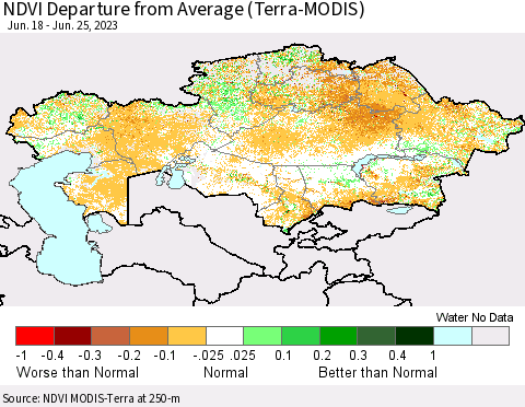 Kazakhstan NDVI Departure from Average (Terra-MODIS) Thematic Map For 6/18/2023 - 6/25/2023