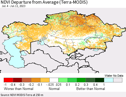 Kazakhstan NDVI Departure from Average (Terra-MODIS) Thematic Map For 7/4/2023 - 7/11/2023