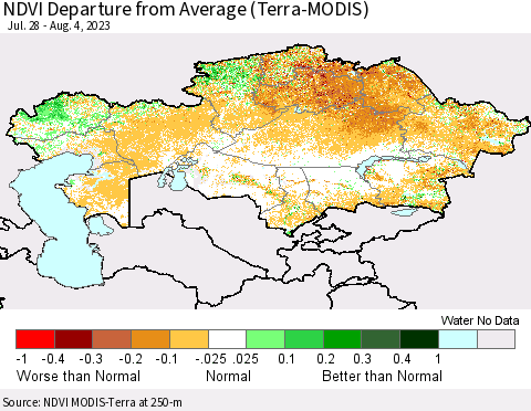 Kazakhstan NDVI Departure from Average (Terra-MODIS) Thematic Map For 7/28/2023 - 8/4/2023
