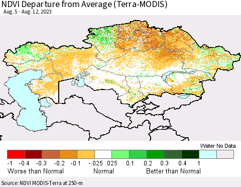 Kazakhstan NDVI Departure from Average (Terra-MODIS) Thematic Map For 8/5/2023 - 8/12/2023