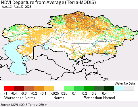 Kazakhstan NDVI Departure from Average (Terra-MODIS) Thematic Map For 8/13/2023 - 8/20/2023