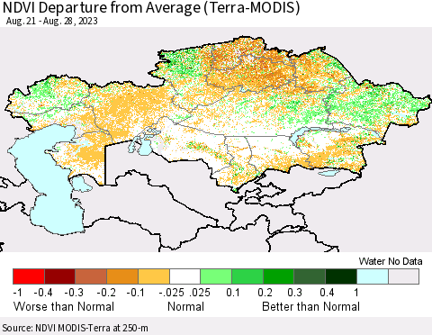 Kazakhstan NDVI Departure from Average (Terra-MODIS) Thematic Map For 8/21/2023 - 8/28/2023