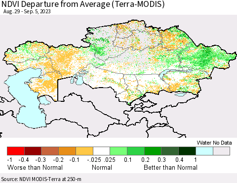 Kazakhstan NDVI Departure from Average (Terra-MODIS) Thematic Map For 8/29/2023 - 9/5/2023