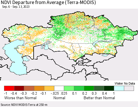 Kazakhstan NDVI Departure from Average (Terra-MODIS) Thematic Map For 9/6/2023 - 9/13/2023