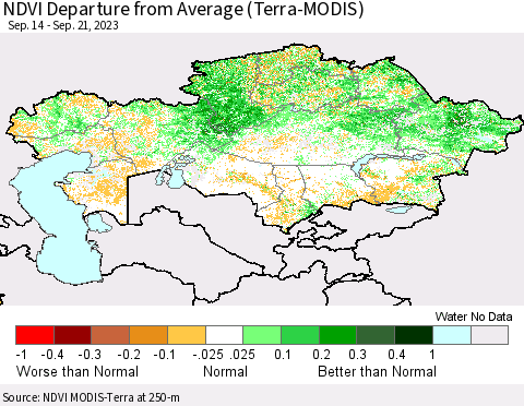 Kazakhstan NDVI Departure from Average (Terra-MODIS) Thematic Map For 9/14/2023 - 9/21/2023